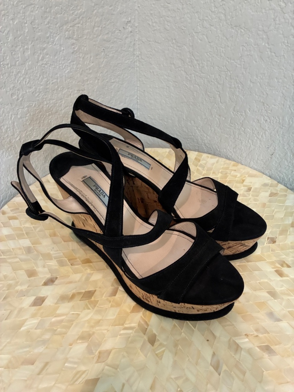 Prada Black Suede Cork Platform Wedge Sandals